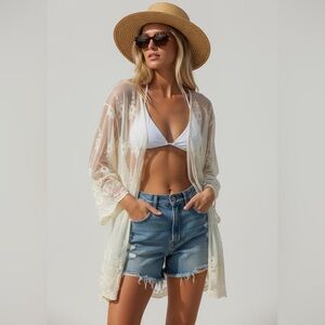Ginger‎ G Lace Kimono Duster Sheer Floral Bohemian Cover Up Cream Size S